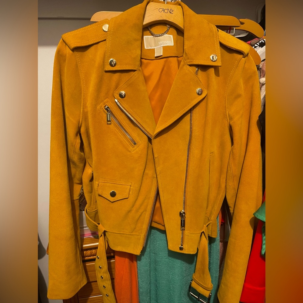 MICHAEL KORS Genuine Mustard-Yellow Suede Moto Jacket